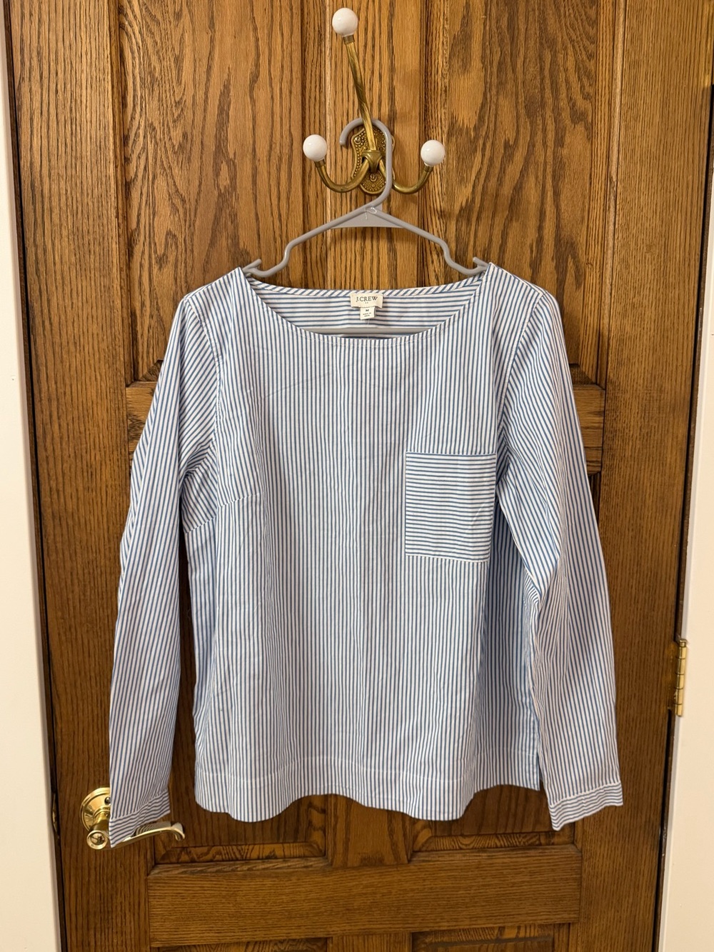 J. Crew Classic Popover Blue & White Stripe Long-Sleeve Pocket Blouse Medium NWT